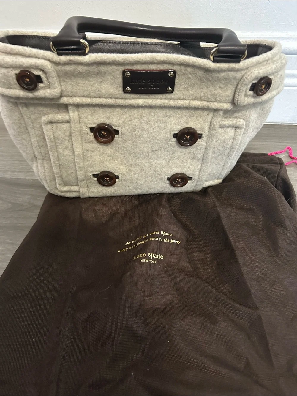 kate spade New York Wool Tote in Light Gray with Dark Brown Trim